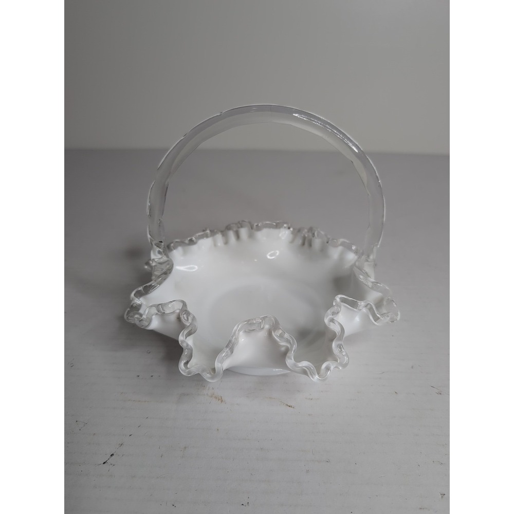 VTG Fenton Silver Crest Milk Glass Ruffled Crimped Edge White Basket w/Handle 8"